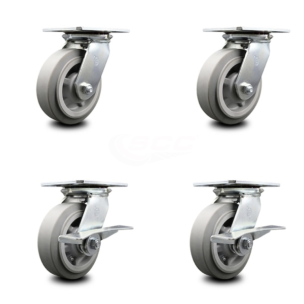 6 Inch Thermoplastic Rubber Swivel Caster Set with Roller Bearings 2 Brakes SCC